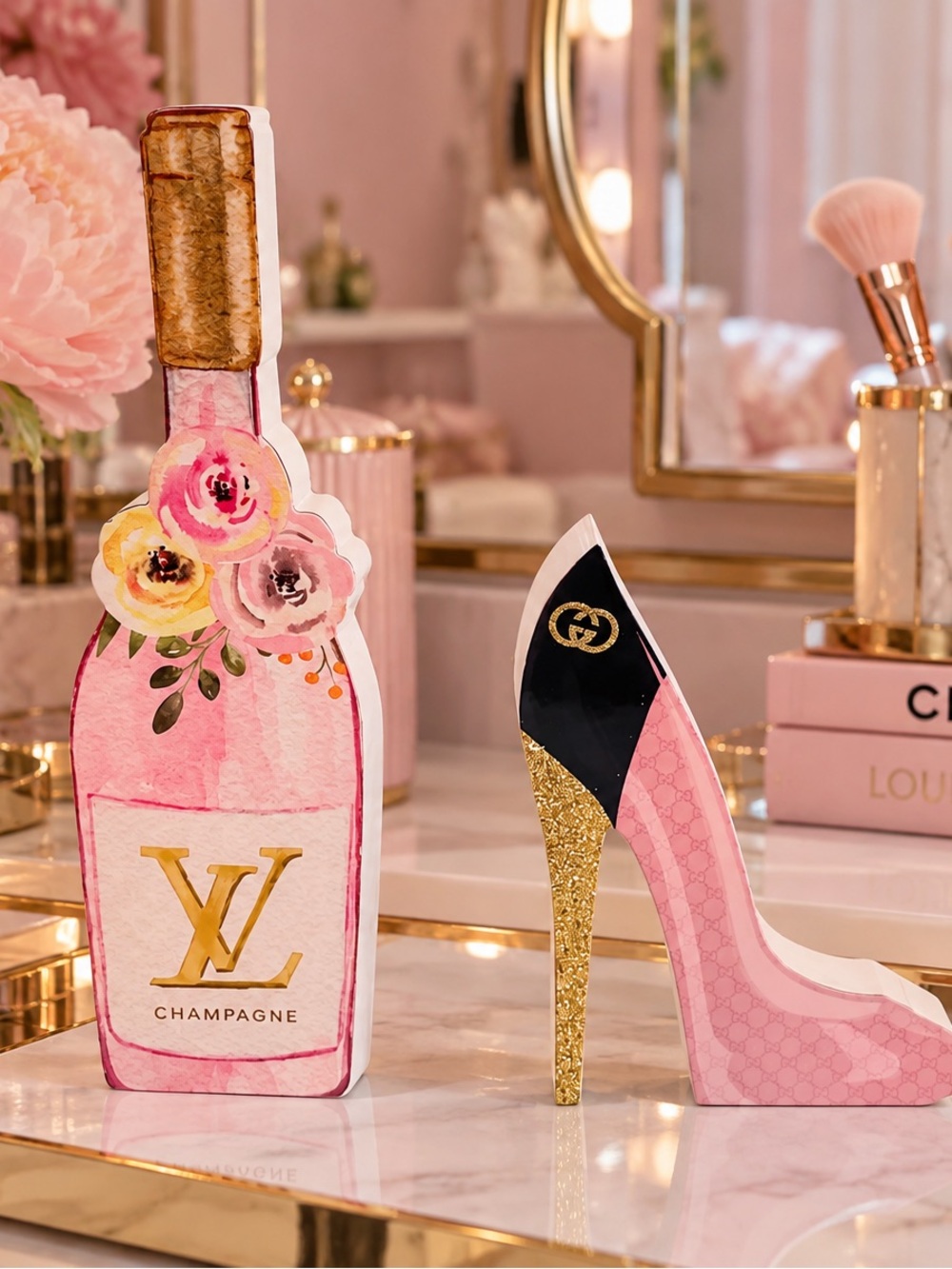 Designer LV logo Pink & Gold makeup beauty room decor set